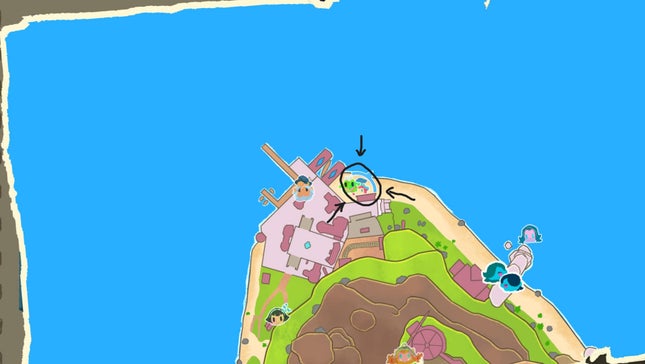A card shows a circled place on a beach.
